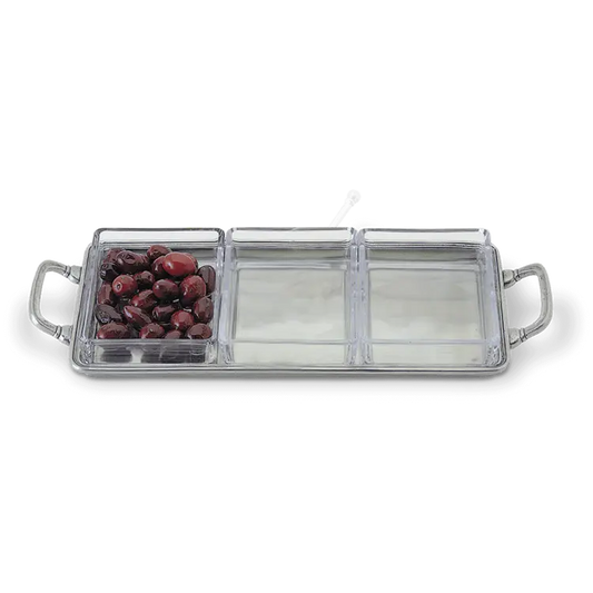Match Pewter Crudite Tray with Handles + Crystal Inserts | 13.8x5.3in