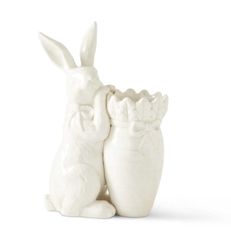 12" White Rabbit And Carrot Vase