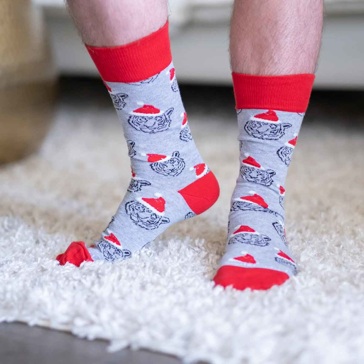 Tiger Santa Socks | Grey + Red One Size