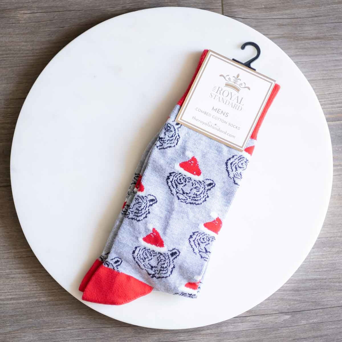Tiger Santa Socks | Grey + Red One Size