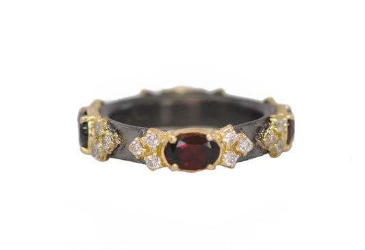 Garnet + Diamond Blackened Sterling Silver + 18k Yellow Gold Station Band | S7
