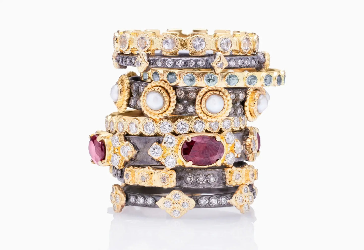 Garnet + Diamond Blackened Sterling Silver + 18k Yellow Gold Station Band | S7
