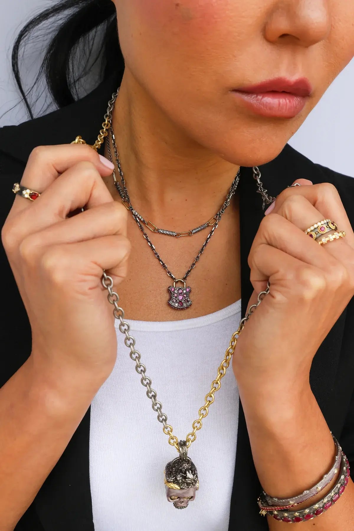 Garnet + Diamond Blackened Sterling Silver + 18k Yellow Gold Station Band | S7