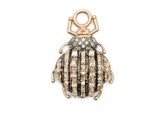 14k rose gold and grey sterling  silver pave ladybug charm with white sapphires, champagne and white diamonds. Enhancer Size 0