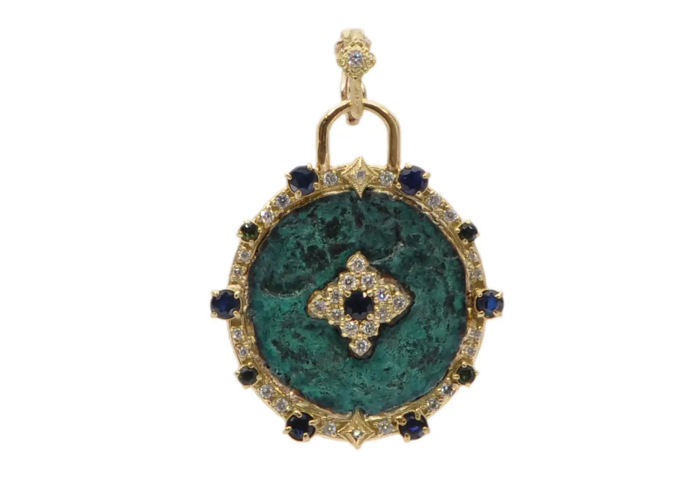Sueno 18kt yellow gold 36 mm round artifact enhancer with crivelli, blue sapphire, green tourmaline and white diamonds with teal patina Enhancer Size 1