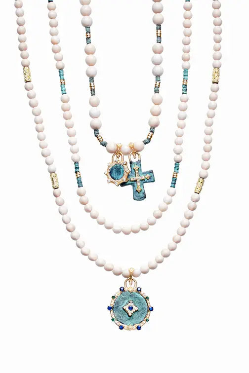 Sueno 18kt yellow gold 36 mm round artifact enhancer with crivelli, blue sapphire, green tourmaline and white diamonds with teal patina Enhancer Size 1