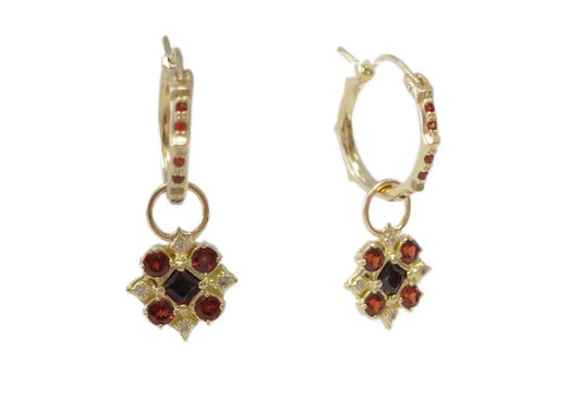 18k yellow gold maltese cross drop earrings on 13mm huggie with garnets Earring Size 0