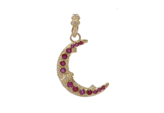 18k yellow gold 25 mm pave crescent moon charm with white diamonds and rubies Charm Size 35