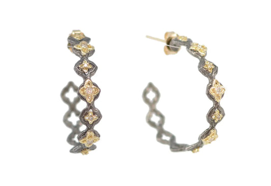 18k yellow gold and blackened sterling silver 25mm open scroll side hoop earring with crivelli and white diamonds. Earring Size 0