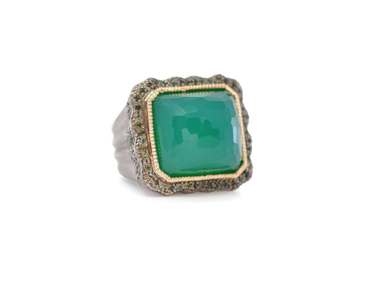 14k rose gold and blackened sterling silver cocktail ring with Green Onyx stone with pave tourmaline and blue grey sapphire border. Size 7 ** RING Size 6.5