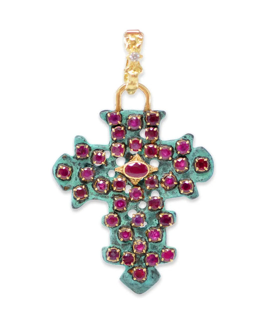 18k yellow gold artifact cross enhancer with crivelli and rubies in Jade patina. Enhancer