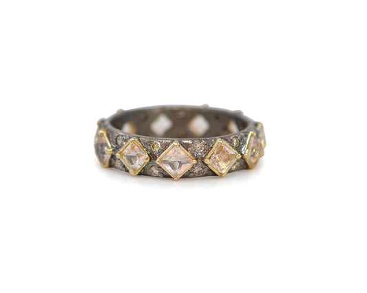 18k yellow gold with blackened sterling silver band with 3mm square morganite and champagne diamonds. Ring Size 6.5