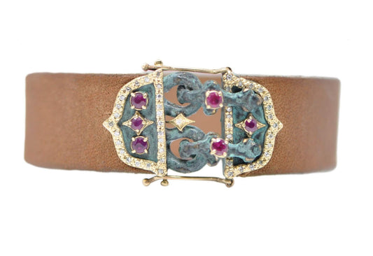 Leather Ruby + Diamond Teal Patina Artifact Buckle Cuff Bracelet