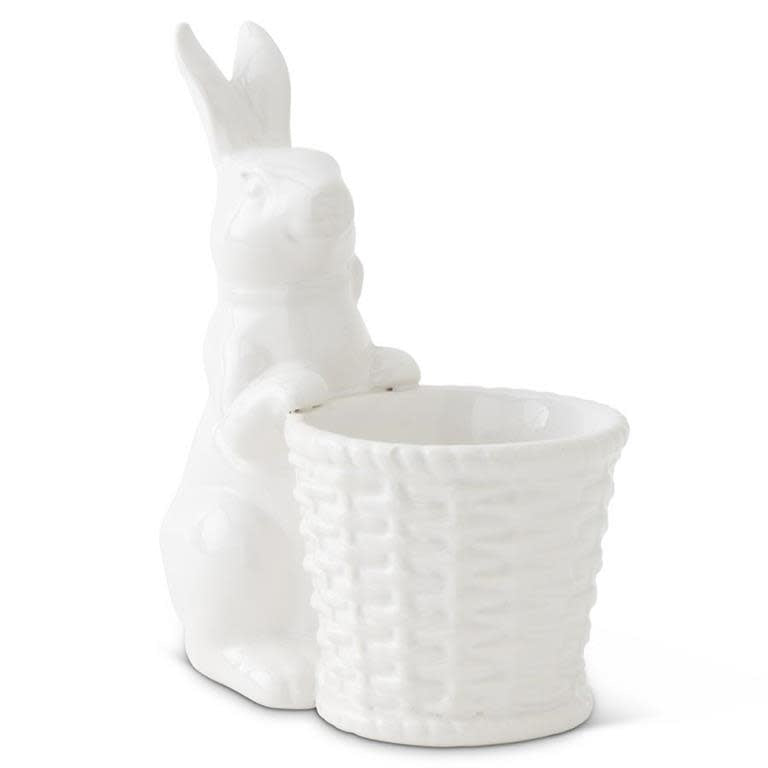 6" White Ceramic Bunny Holding Basket