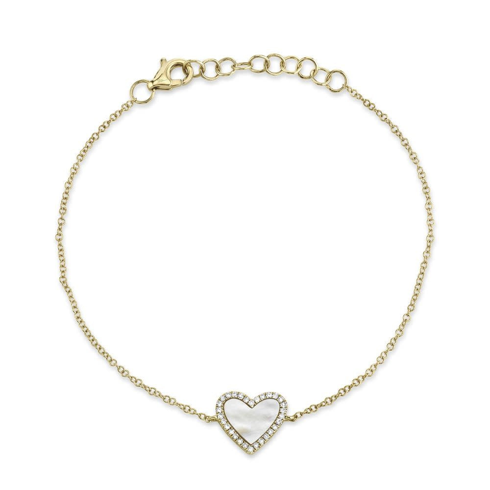 Diamond + Mother Of Pearl Heart Bracelet | 14k Yellow Gold .09c + .56c