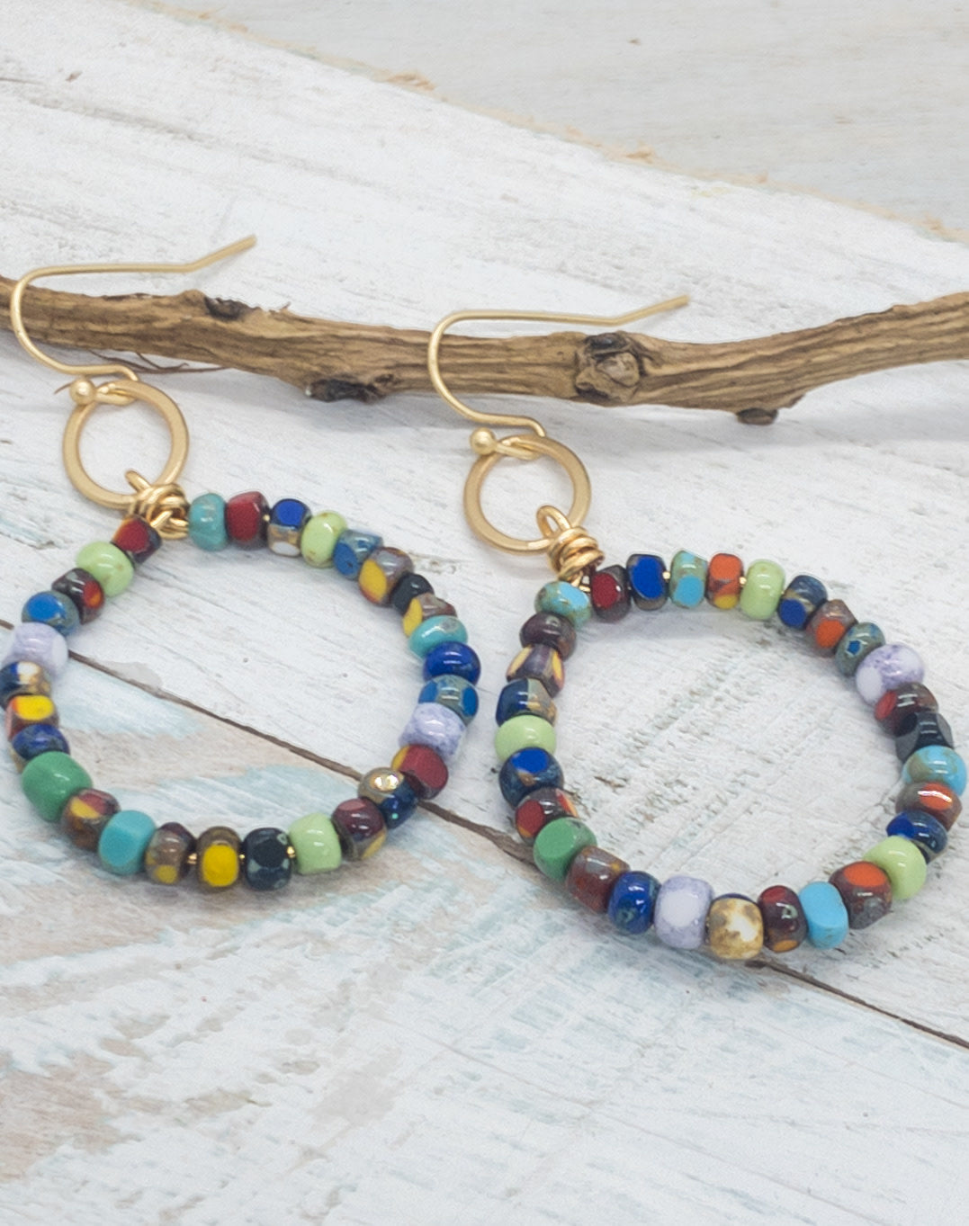 Kitzi Beaded Confetti Gold Open Circle Drop Earrings
