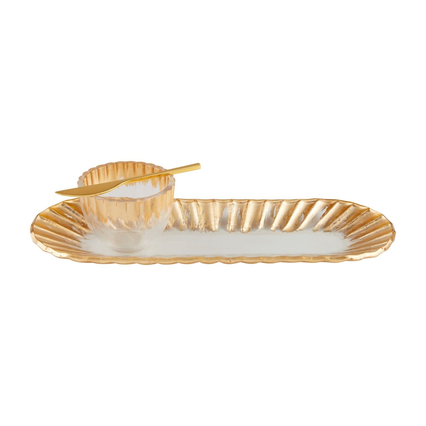 Gold Edge Glass Tray + Dip Bowl with Spreader Set | 13x4.75in
