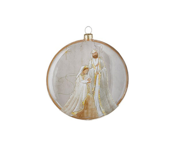 Holy Family and Angel Oval Disc Ornament with Snow | 5.5in