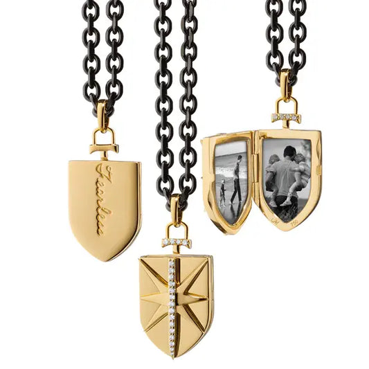 Fearless Shield Diamond Locket + Black Steel Chain | 1in + 24in
