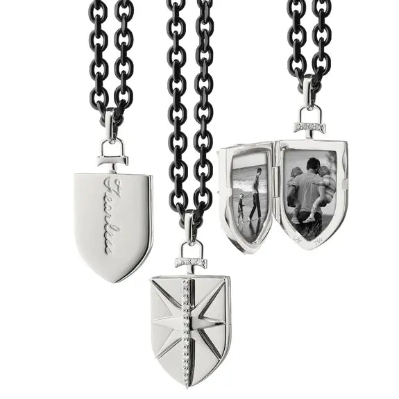 Fearless Shield Locket White Sapphires + Black Steel Chain | .25c 24in Sterling Silver