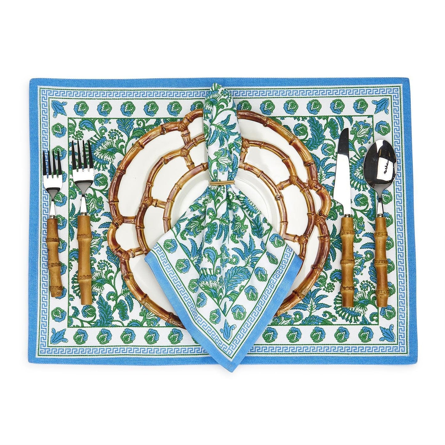 Block Print Cloth Napkin Set of 4 | Green + Blue