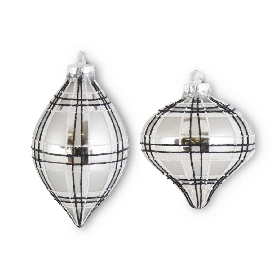 Black Gray and Silver Tartan Plaid Glass Ornaments