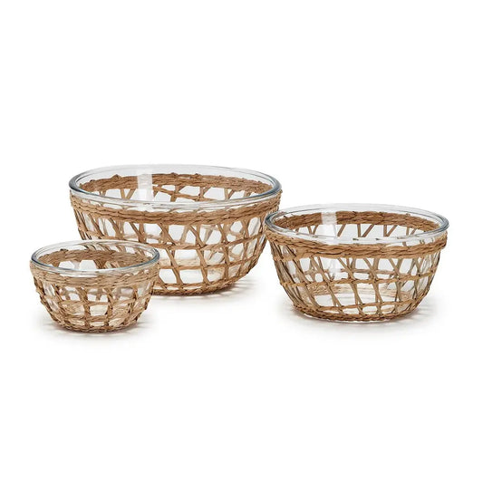 Hand-Woven Lattice Rattan Glass Bowl | Set of 3
