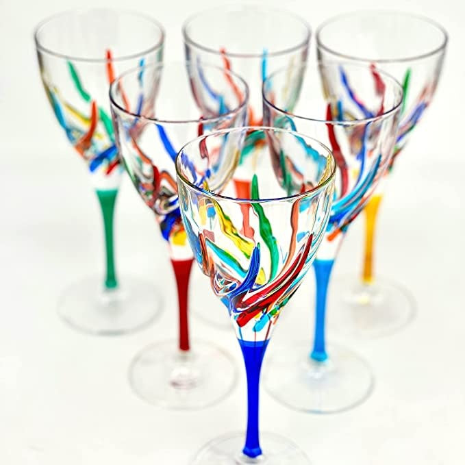 Murano Italian Crystal Wine Glass | Swirls Rainbow Turquoise 8.75oz