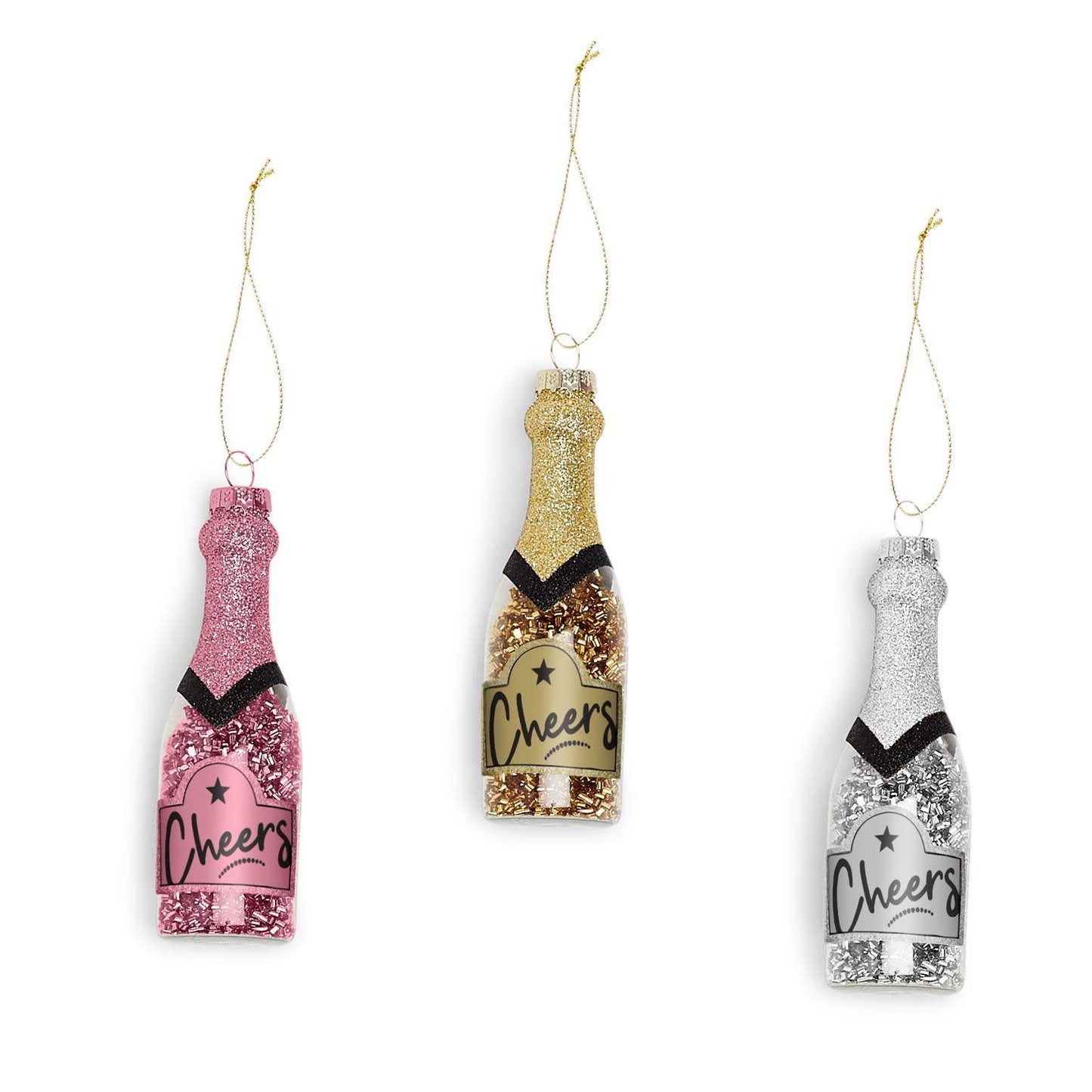 "Cheers" Champagne Bottle Ornament with Bubble Beads