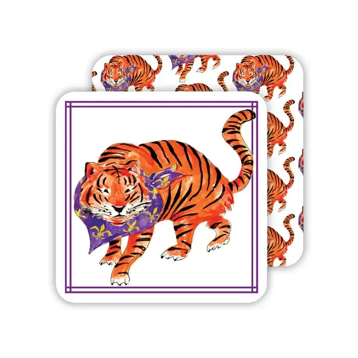 Square Coaster Tiger with Fleur de Lis Bandana | Set of 20