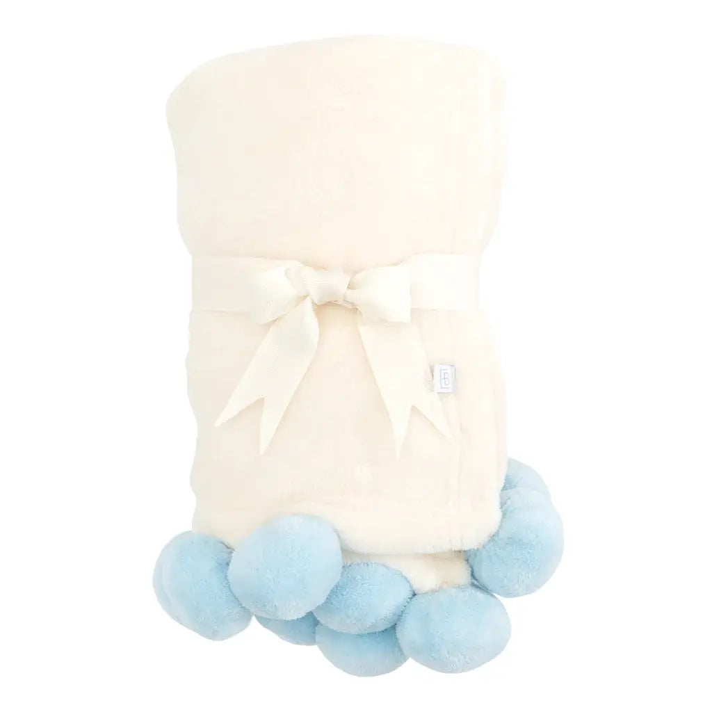 Pom Pom Fleece Stroller Blanket | Blue 30in x 40in