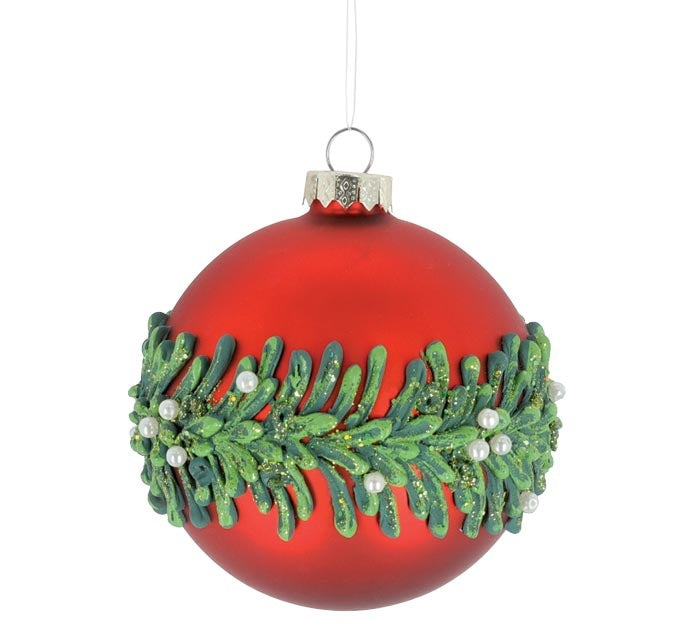 Red Round Ornament With Raised Green Wreath
