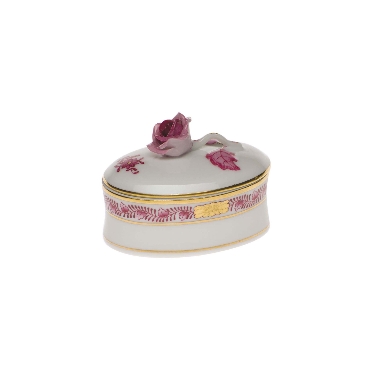 Herend Chinese Bouquet Raspberry Oval Box with Rose | 2.75x2in