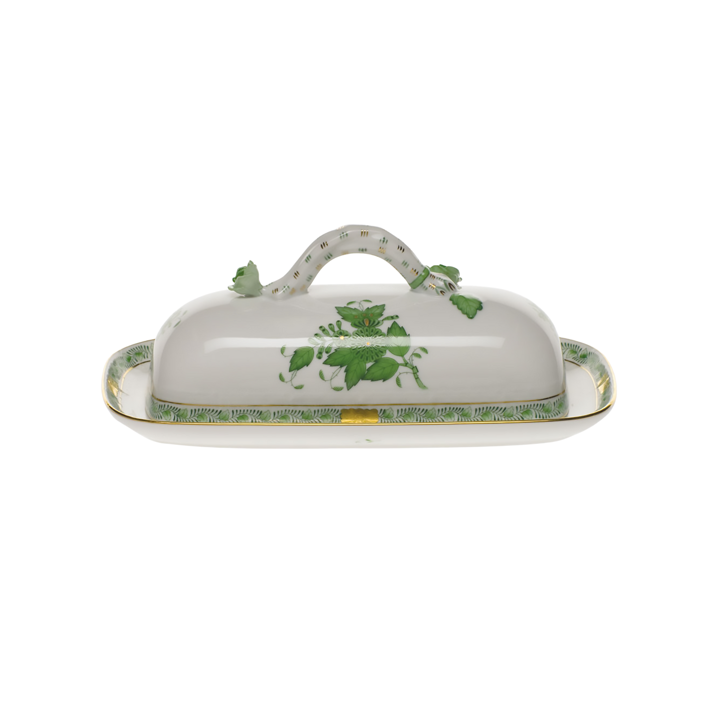 Herend Chinese Bouquet Green Butter Dish with Branch | 8.5in