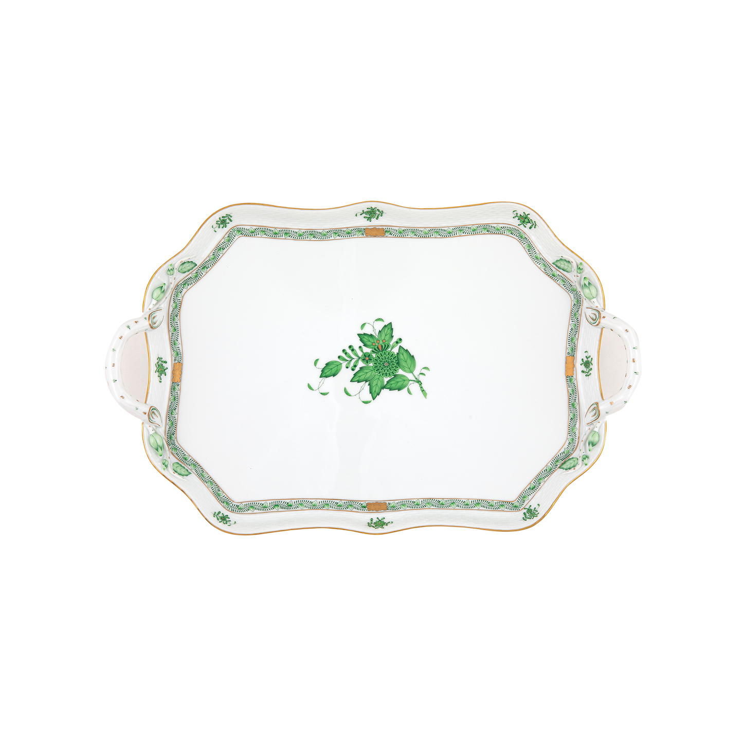 Herend Chinese Bouquet Green Rectangular Tray with Branch Handles | 18in