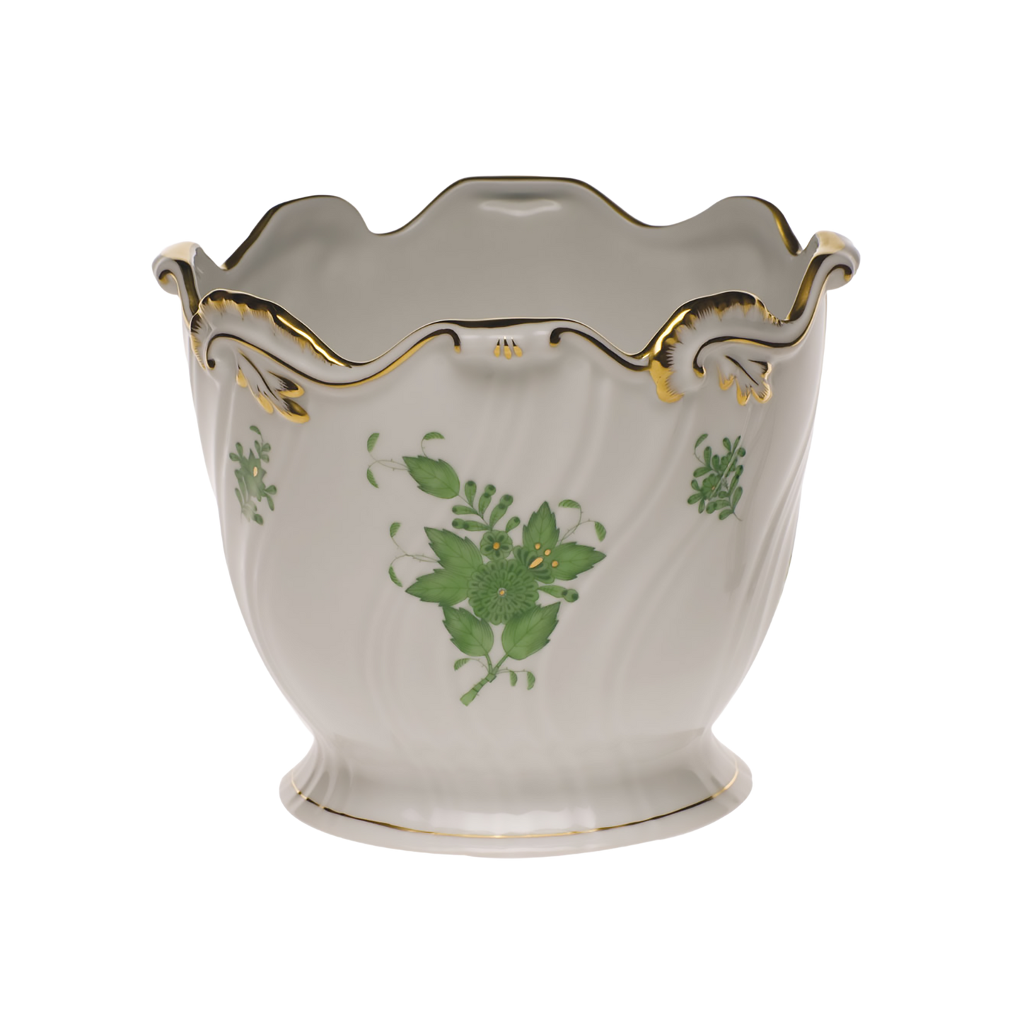 Herend Chinese Bouquet Green Ribbed Cachepot | 6.25x7in