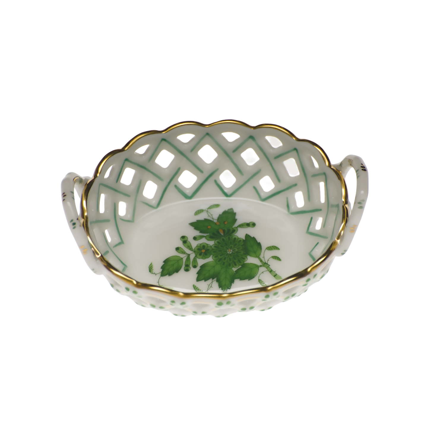 Herend Chinese Bouquet Green Small Openwork Basket with Handles | 3.5x2.5in