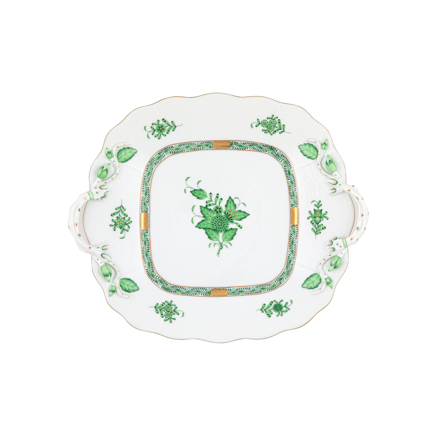 Herend Chinese Bouquet Green Square Cake Plate with Handles | 9.5x9.5in