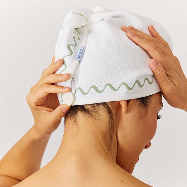 Weezie Towels Luxury Hair Towel | White + Green Wave Embroidery