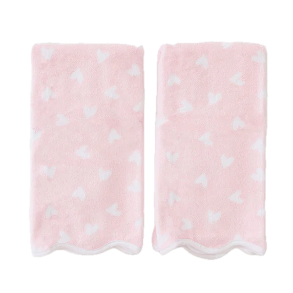 Weezie Towels Luxury Patterned Scallop Edge Hand Towel Set of 2 | Pink Hearts + White Piping