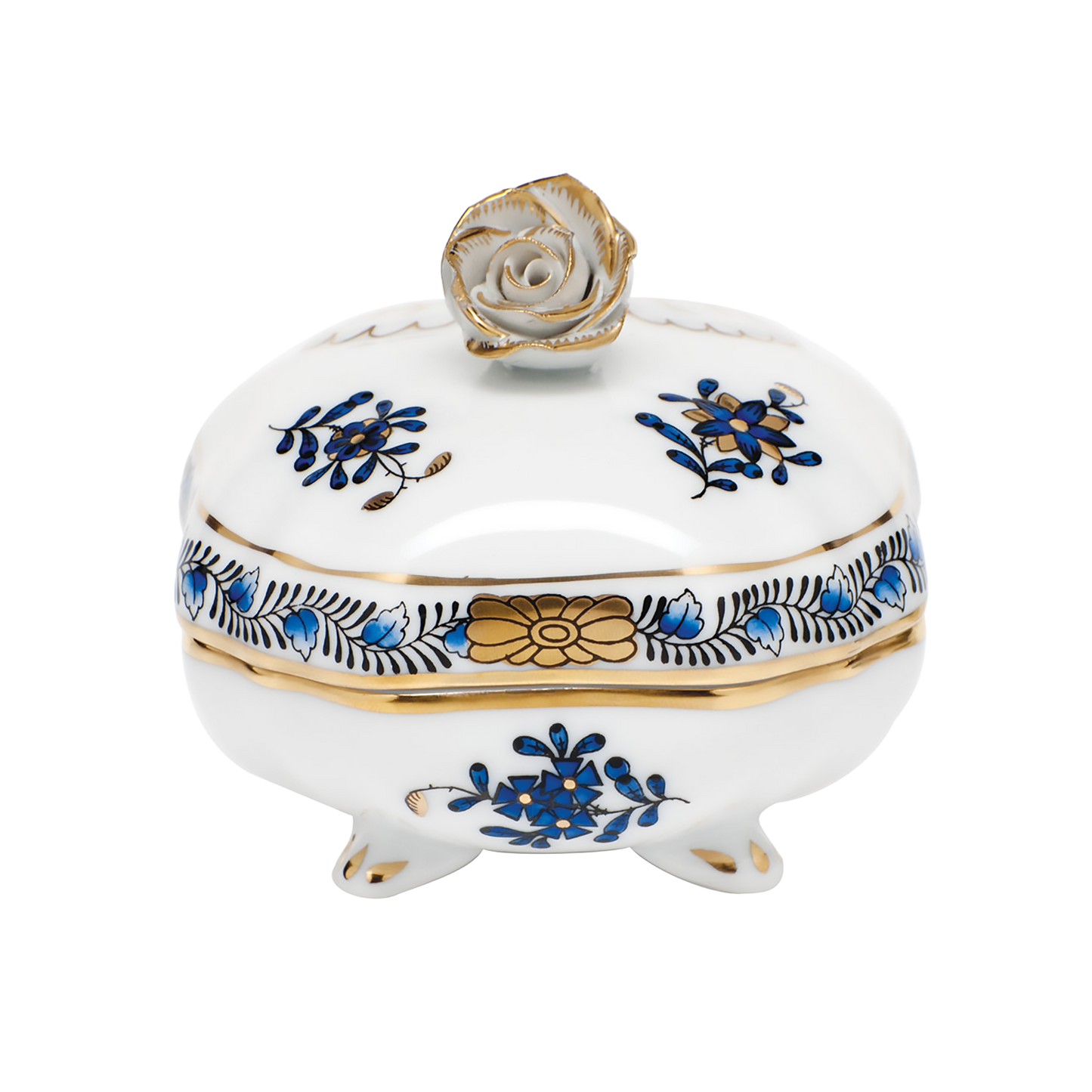 Herend Chinese Bouquet Black Sapphire Covered Bonbon Box with Rose | 3in