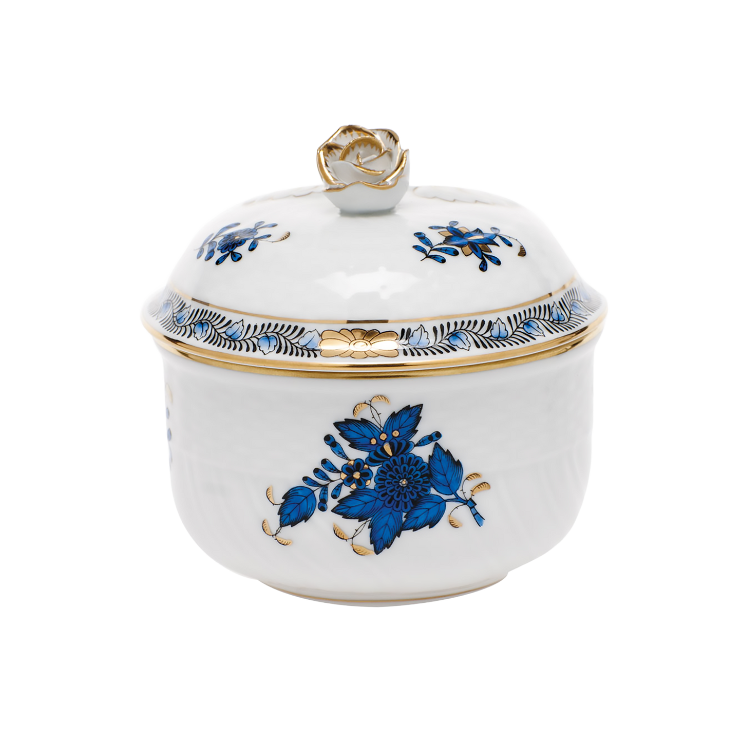 Herend Chinese Bouquet Black Sapphire Coveredered sugar with Rose | 6oz