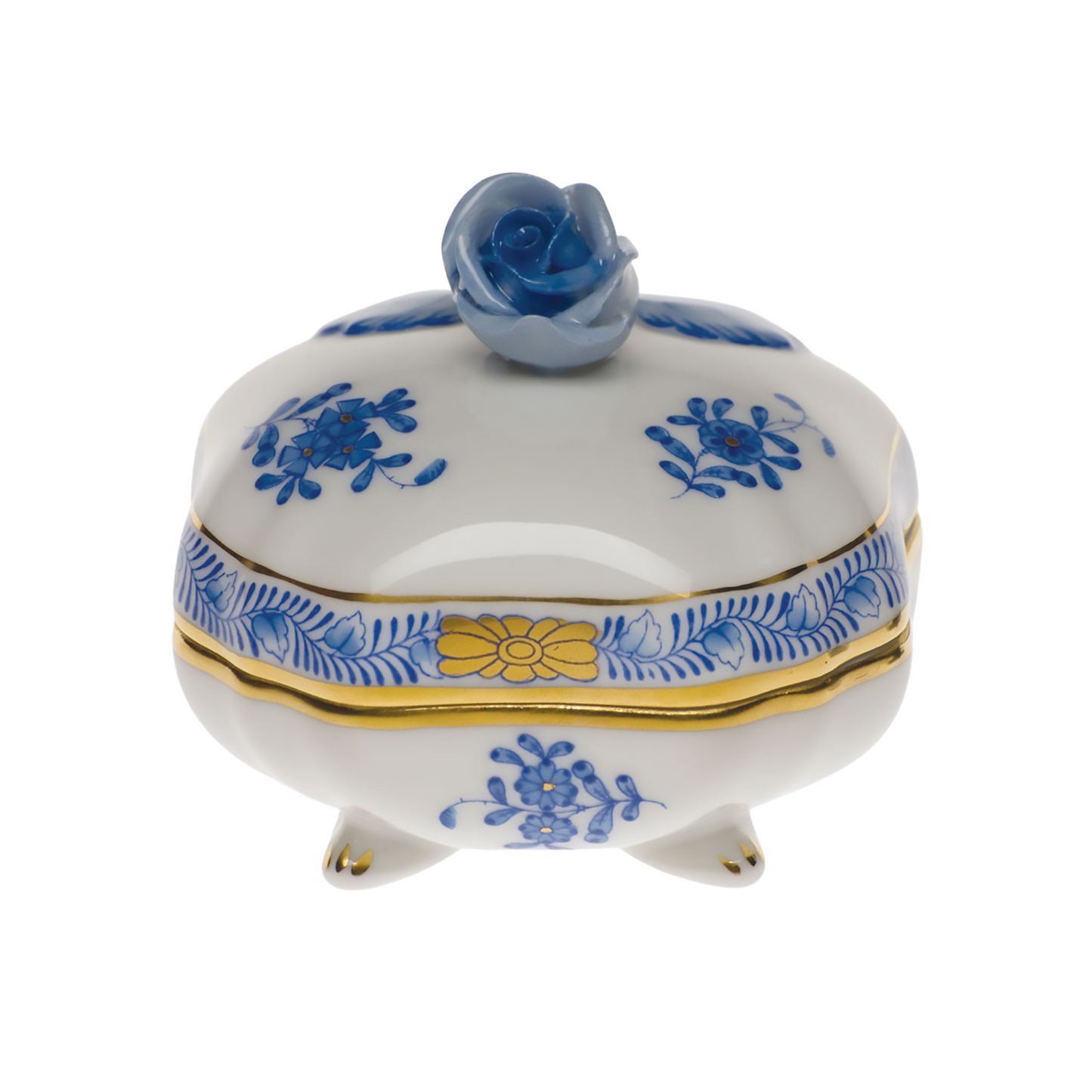 Herend Chinese Bouquet Blue Covered Bonbon Box with Rose | 3in