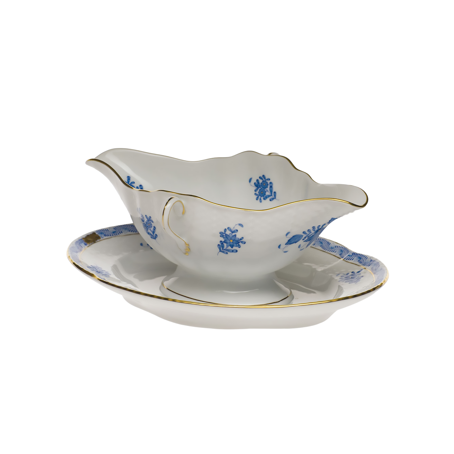 Herend Chinese Bouquet Blue Gravy Boat with Fixed Stand | 0.75in