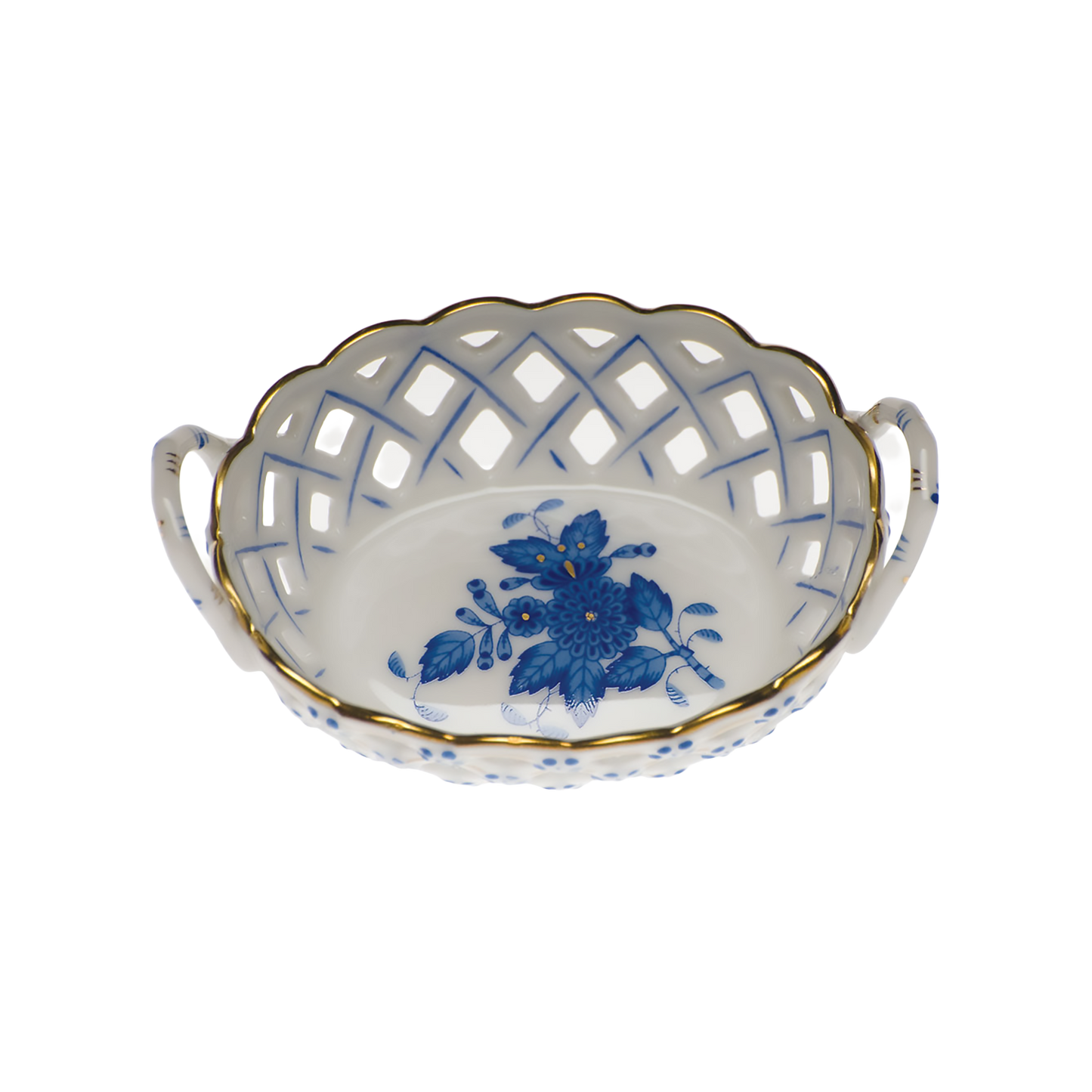 Herend Chinese Bouquet Blue Small Openwork Basket with Handles | 3.5x2.5in