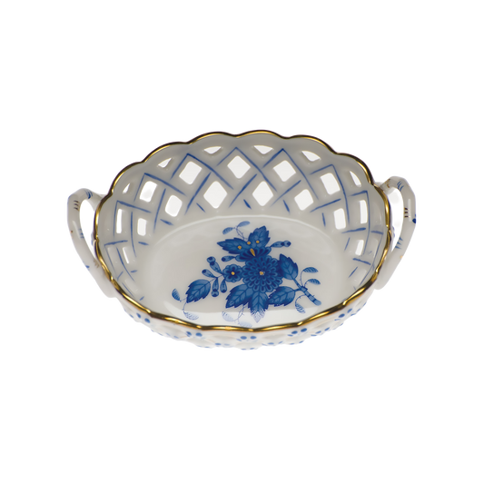 Herend Chinese Bouquet Blue Small Openwork Basket with Handles |  3.5x2.5in