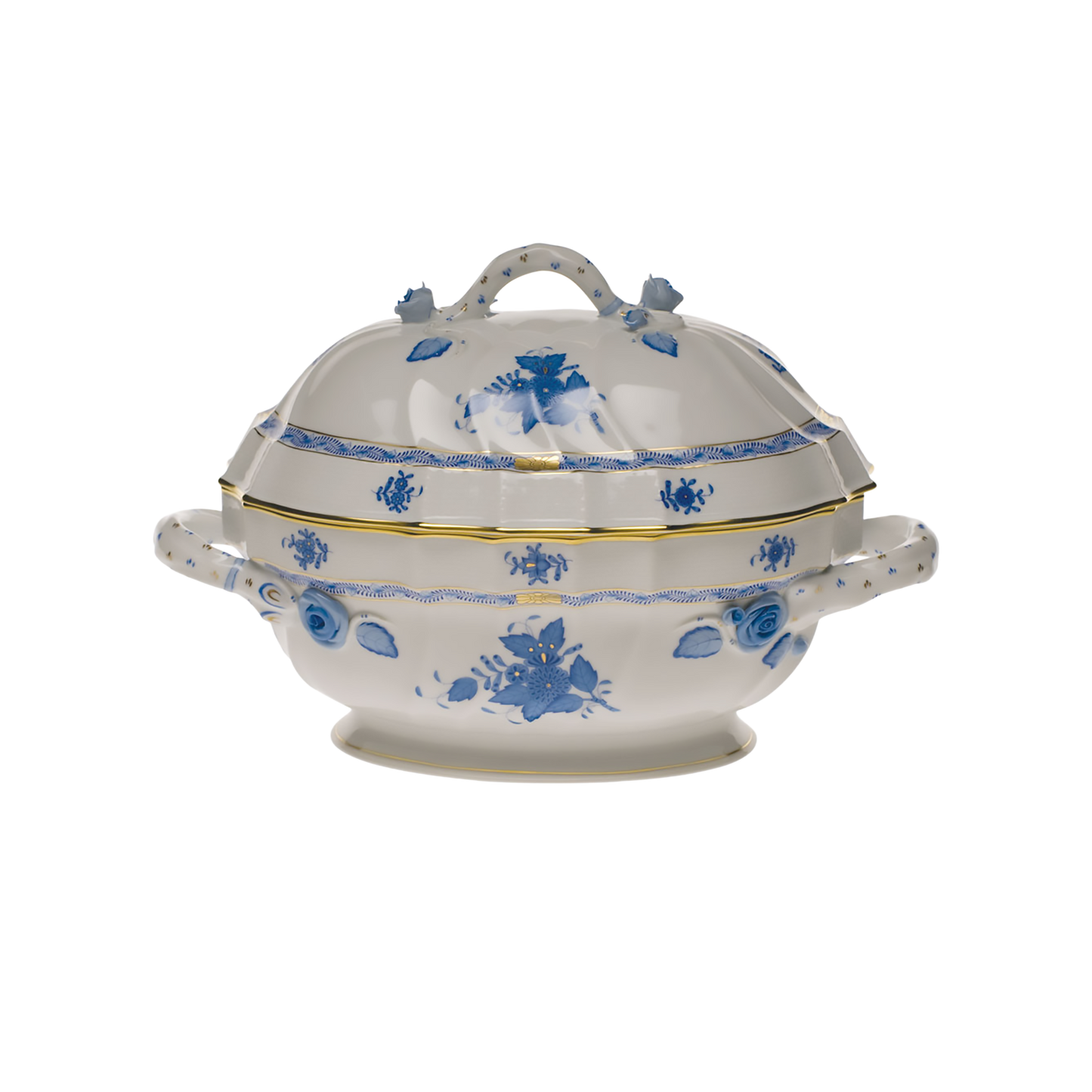 Herend Chinese Bouquet Blue Soup Tureen with Branch Handles | 2qt