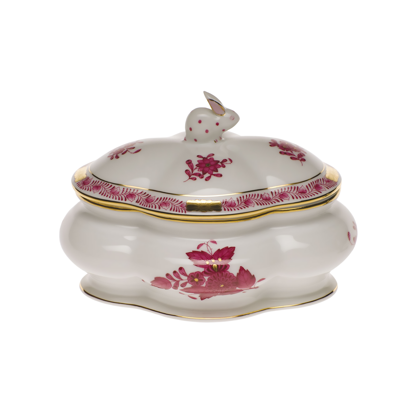Herend Chinese Bouquet Raspberry Covered Bonbon Box with Bunny | 5x4in