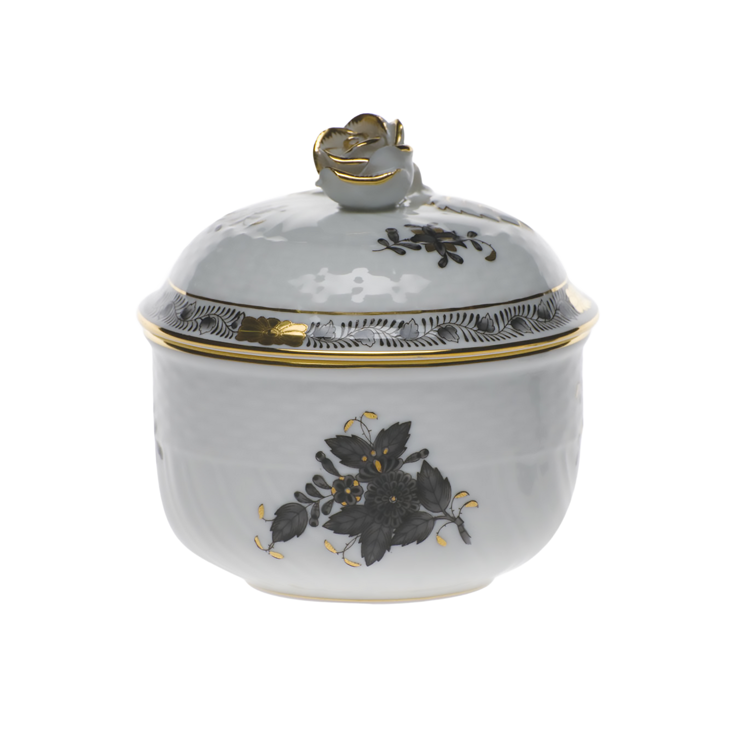 Herend Chinese Bouquet Black Coveredered Sugar with Rose | 6oz