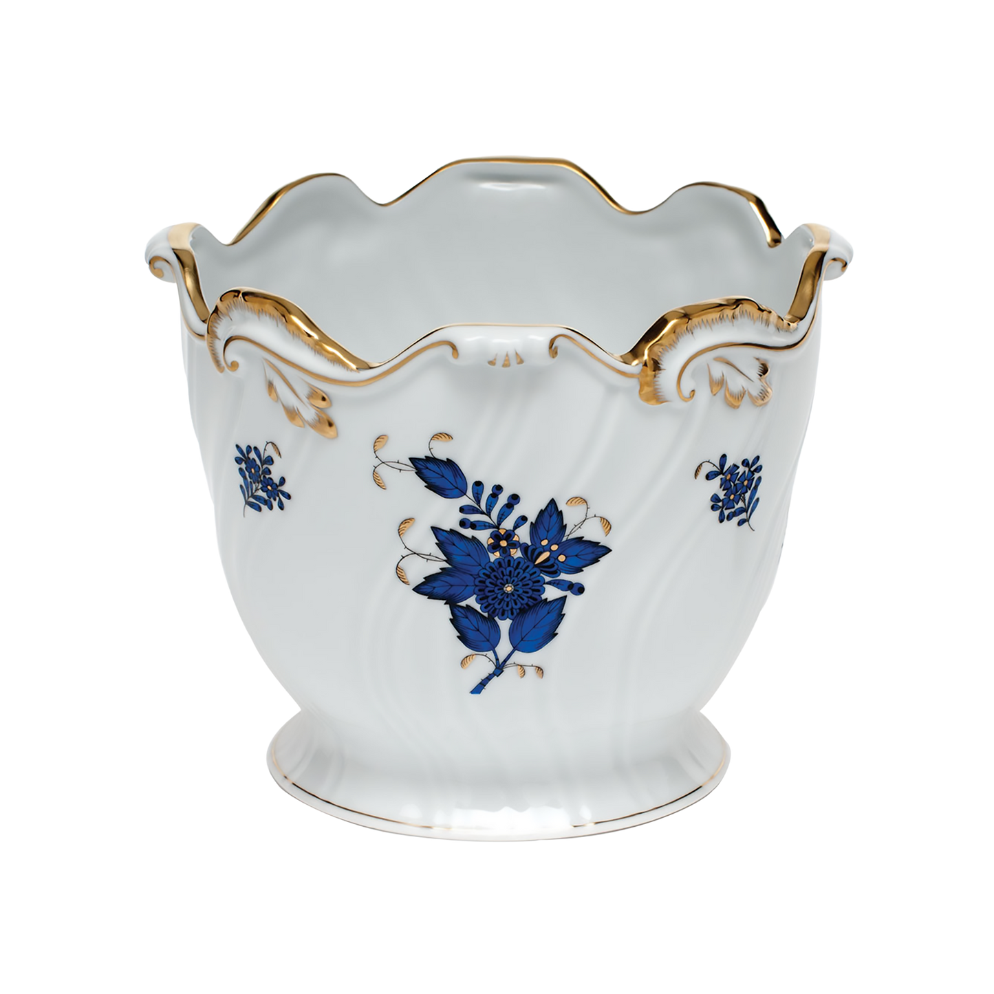 Herend Chinese Bouquet Black Sapphire Ribbed Cachepot | 6.25x7in